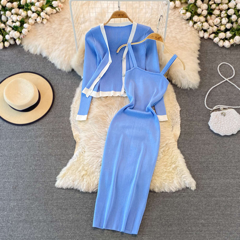 Fashion V-Neck long sleeve Knitted Top shawl cardigan two piece suit medium long tight elastic Hip Wrap Dress