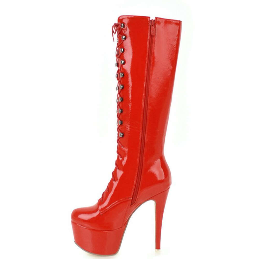 Red Knee Boots Women Platform Sexy High Heels Winter Shoe Lace-Up Black White Women's Long Boot Fetish Shoes Large Size 48