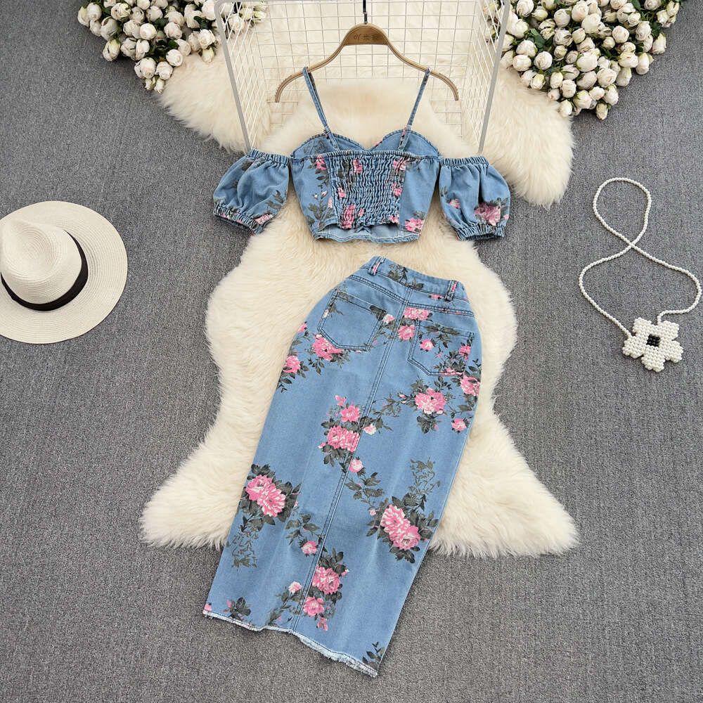 Fashion Denim Cute Set Women Spicy Girls Unique Strap Top Two Piece Set High Waist Irregular Split Half Dress Summer