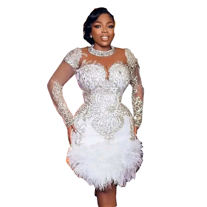 2025 Arabic A Line Wedding Dresses Short Boho High Neck Illusion Silver Crystal Beads Feather Long Sleeves Zipper Back Plus Size Bridal Gowns