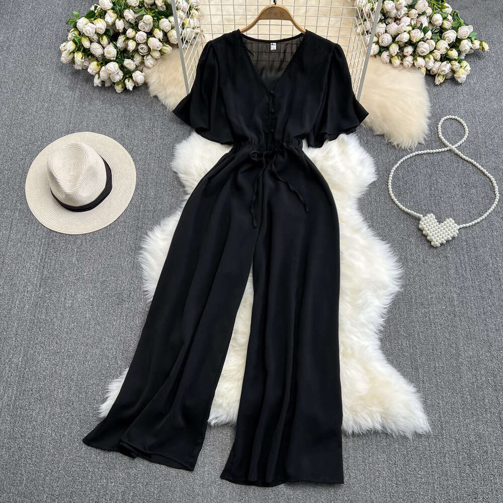 24ss Summer Korean Fashion Flare Sleeves V-Neck jumpsuit Casual High Waist Slimming Straight Leg Wide Leg Pants jumpsuit