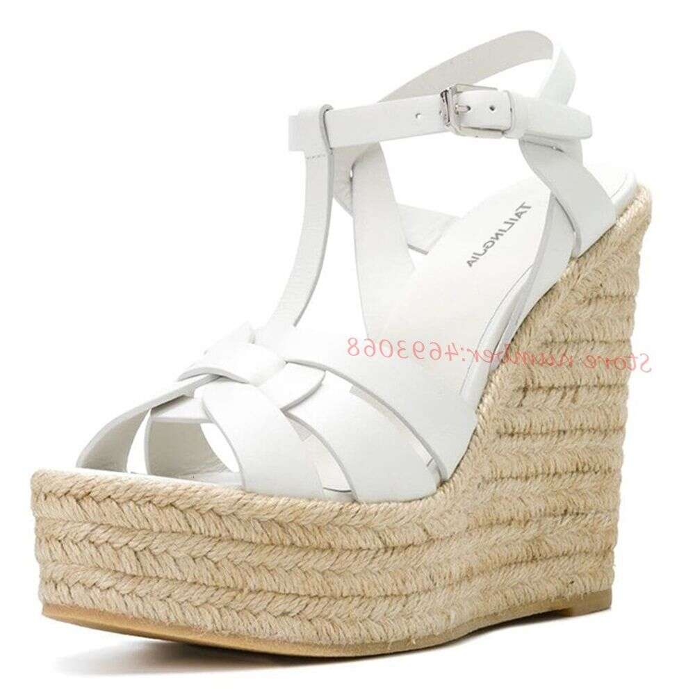 T-Strap Wedge Platform Women Braided High Heels Height Increasing Peep Toe Summer Leather Shoes Bukcle Strap Sandals
