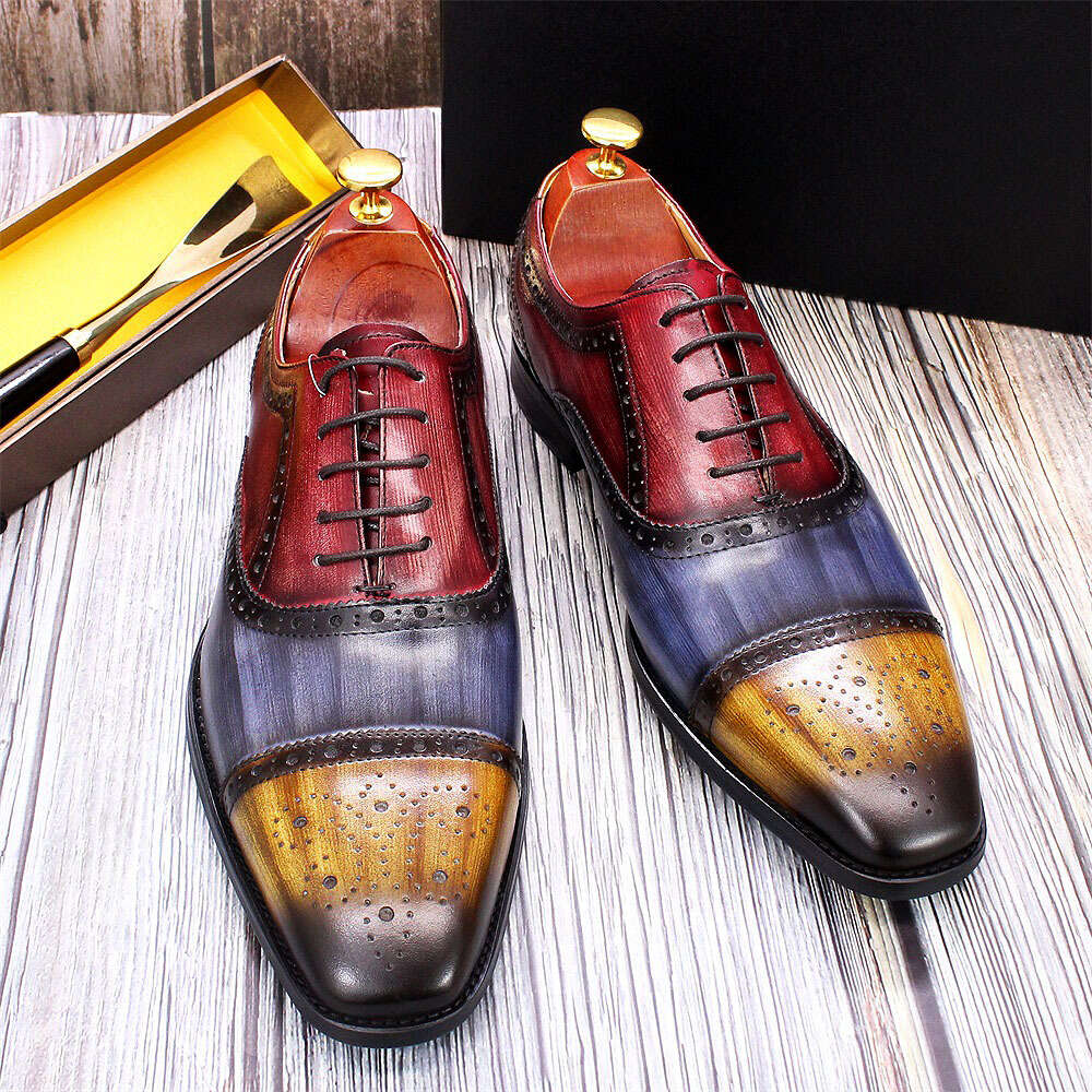 Handmade Mens Dress 100% Calf Leather Cap Toe Oxford Mixed Colors Lace Up Brogue Wedding Party Formal Shoes For Men