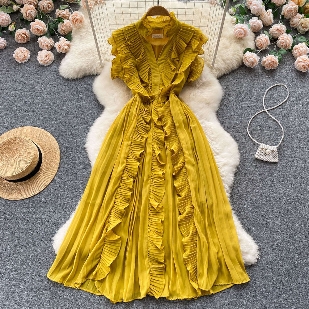 24ss Summer Chiffon Dress Sleeveless Fashion Slim Fit Elegant Ruffle Edge Waist Wrap Long Dress