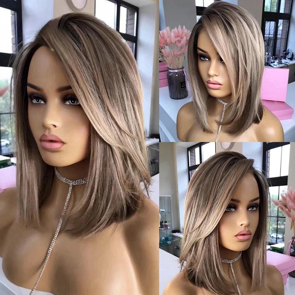 Free shipping Ash Brown Highlight 360 Frontal Pre Plucked Short Bob Straight Wig Lace Front Human Hair Wigs for Women
