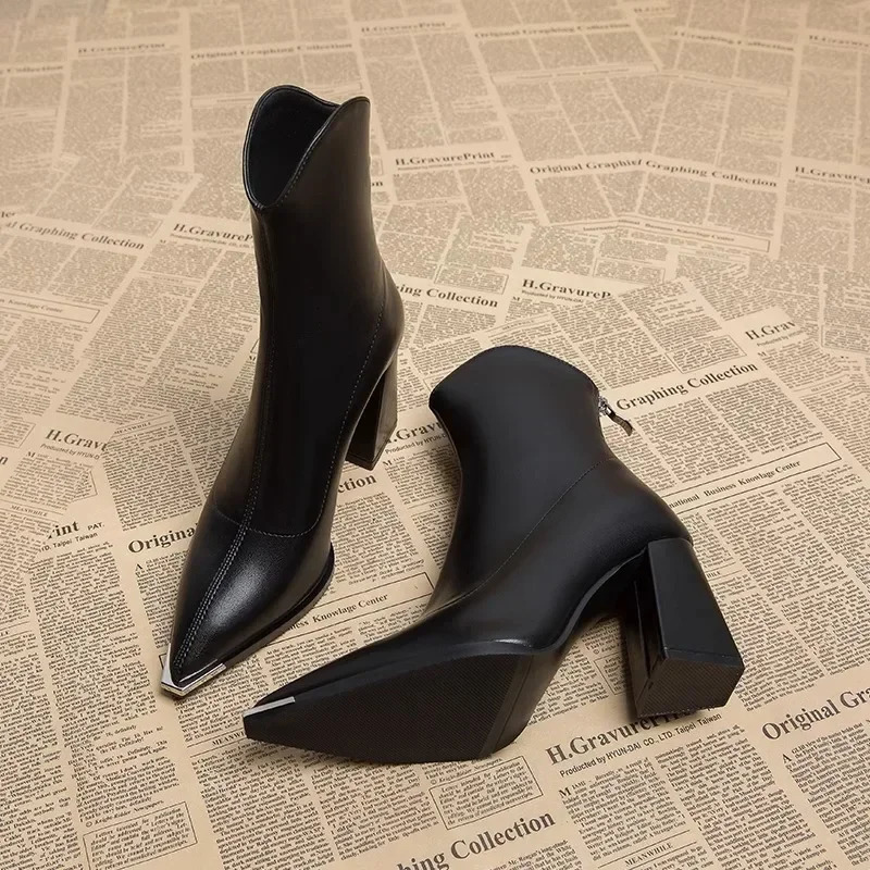 Pointed Toe Womens Ankle Boots Fashion Back Zippers Short Botas Ladies Elegant Square High Heel Winter Womens Footwear 240611