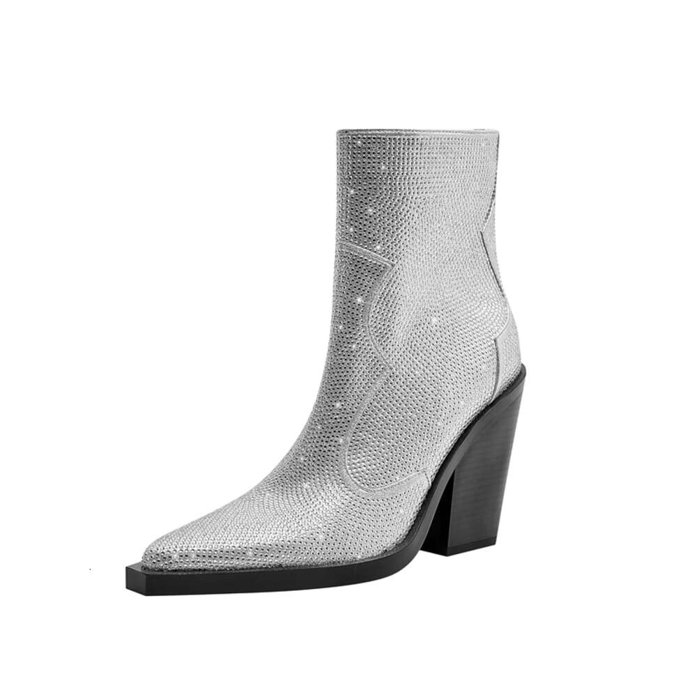 Kaky's New Pointed Rhinestone Thick High Heels Large Women's Short Western Boots