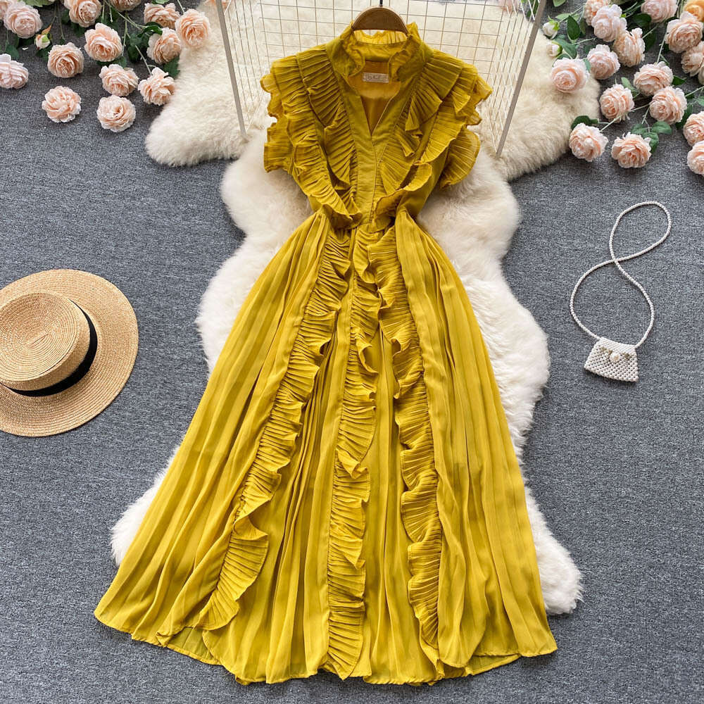 24ss Summer Chiffon Dress Sleeveless Fashion Slim Fit Elegant Ruffle Edge Waist Wrap Long Dress