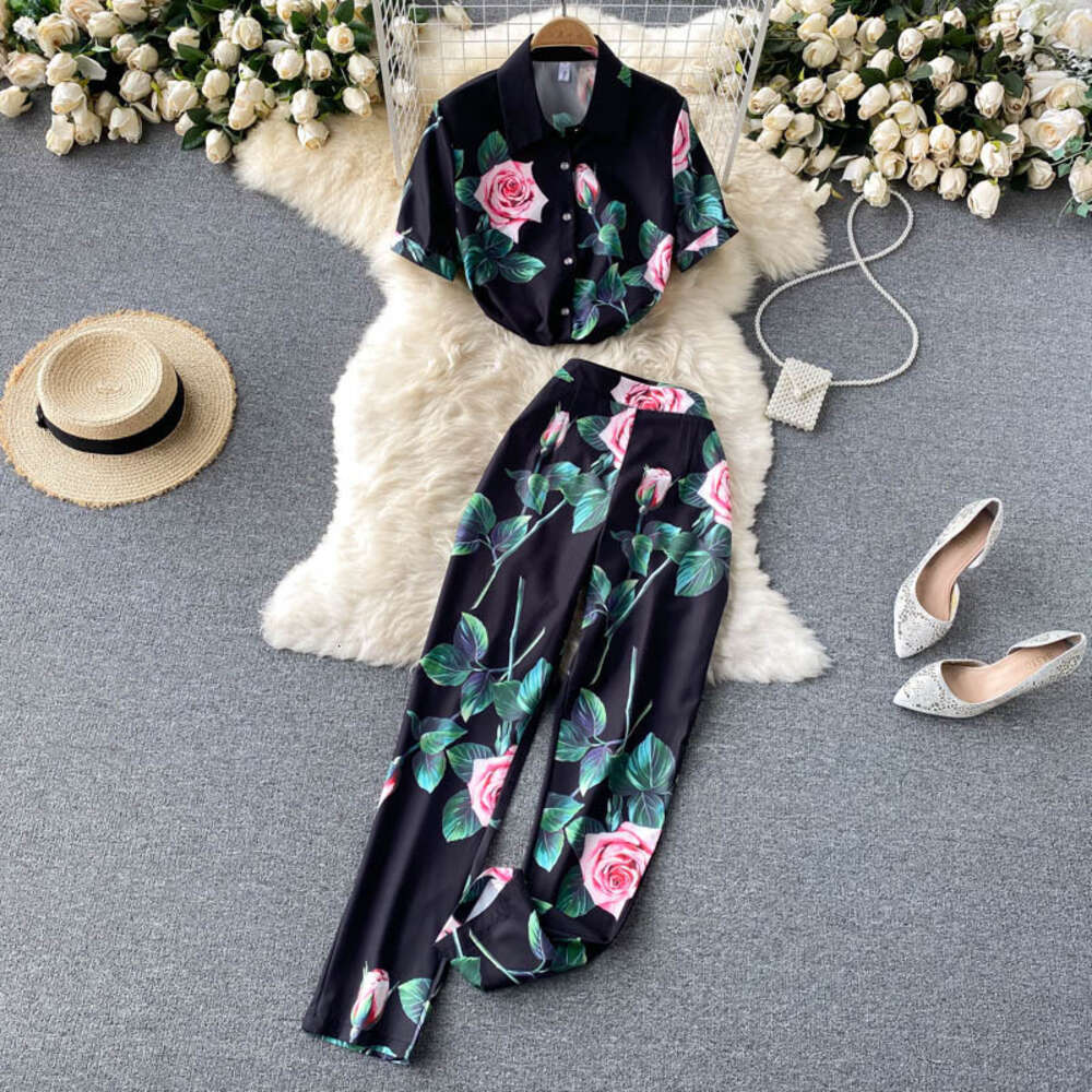 High end professional suit womens Shirt Short Sleeve elegant printing temperament versatile High Waist Wide Leg Pants fashionable two piece set