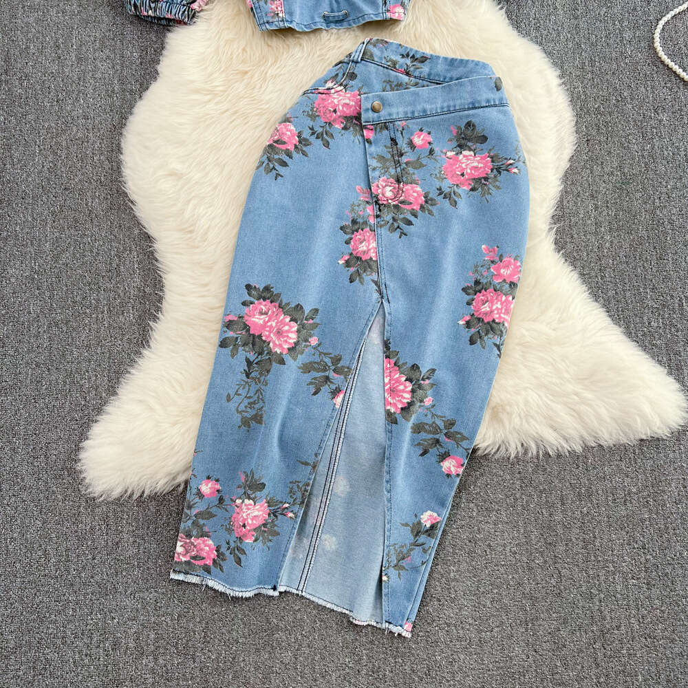 Fashion Denim Cute Set Women Spicy Girls Unique Strap Top Two Piece Set High Waist Irregular Split Half Dress Summer