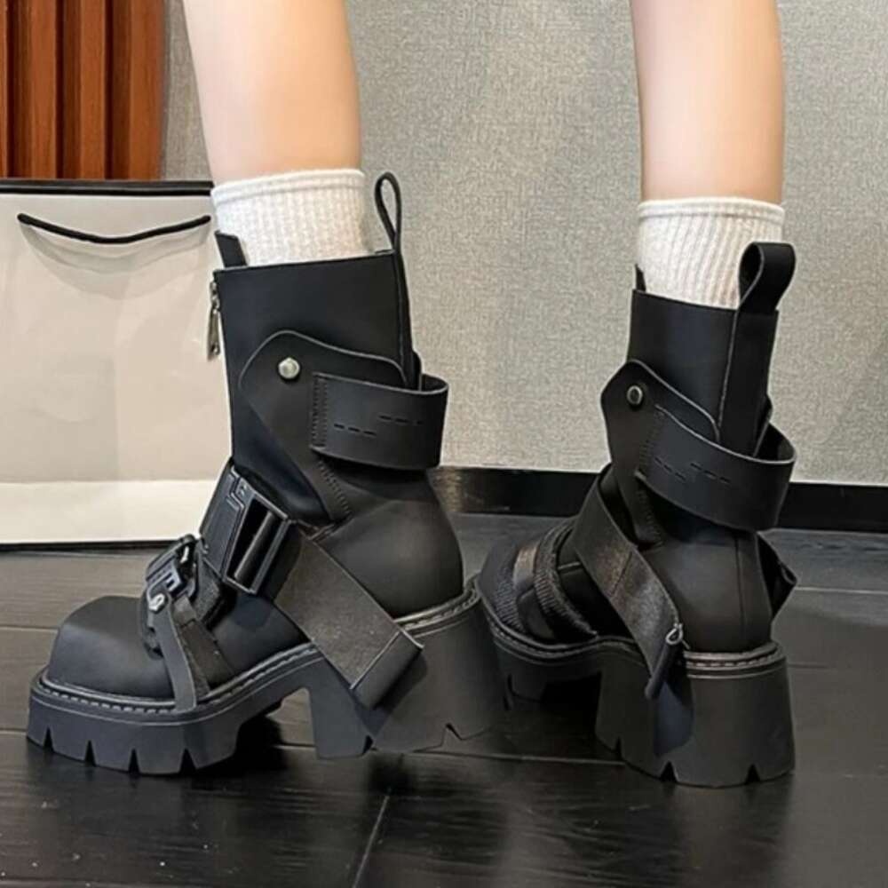 New Fashion Women Motorcycle Genuine Leather Thick Sole Zipper Belt Buckle Ankle Boots Street Modern Shoes
