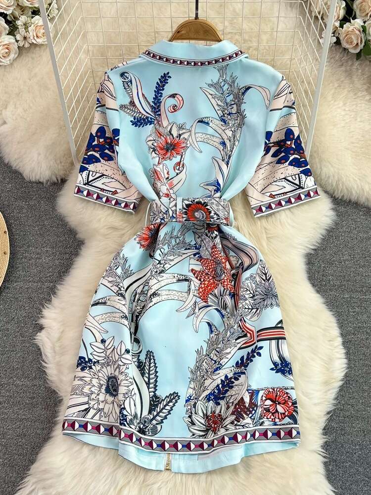 24ss Summer haute couture temperament short sleeved lapel with waistband for slimming positioning print A-line shirt dress
