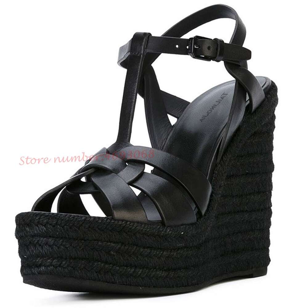 T-Strap Wedge Platform Women Braided High Heels Height Increasing Peep Toe Summer Leather Shoes Bukcle Strap Sandals