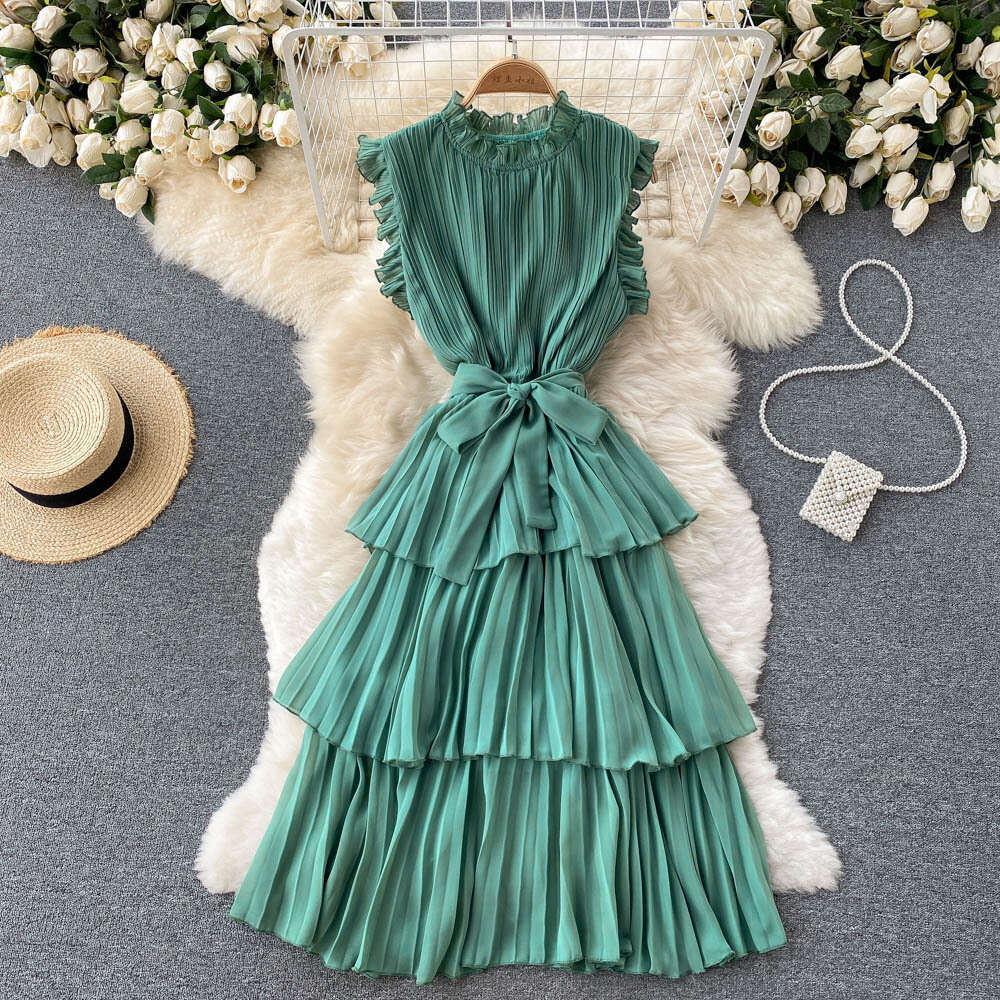 French dress womens heavy industry crimp wood ear edge collar lace up waist thin Ruffle chiffon cake skirt