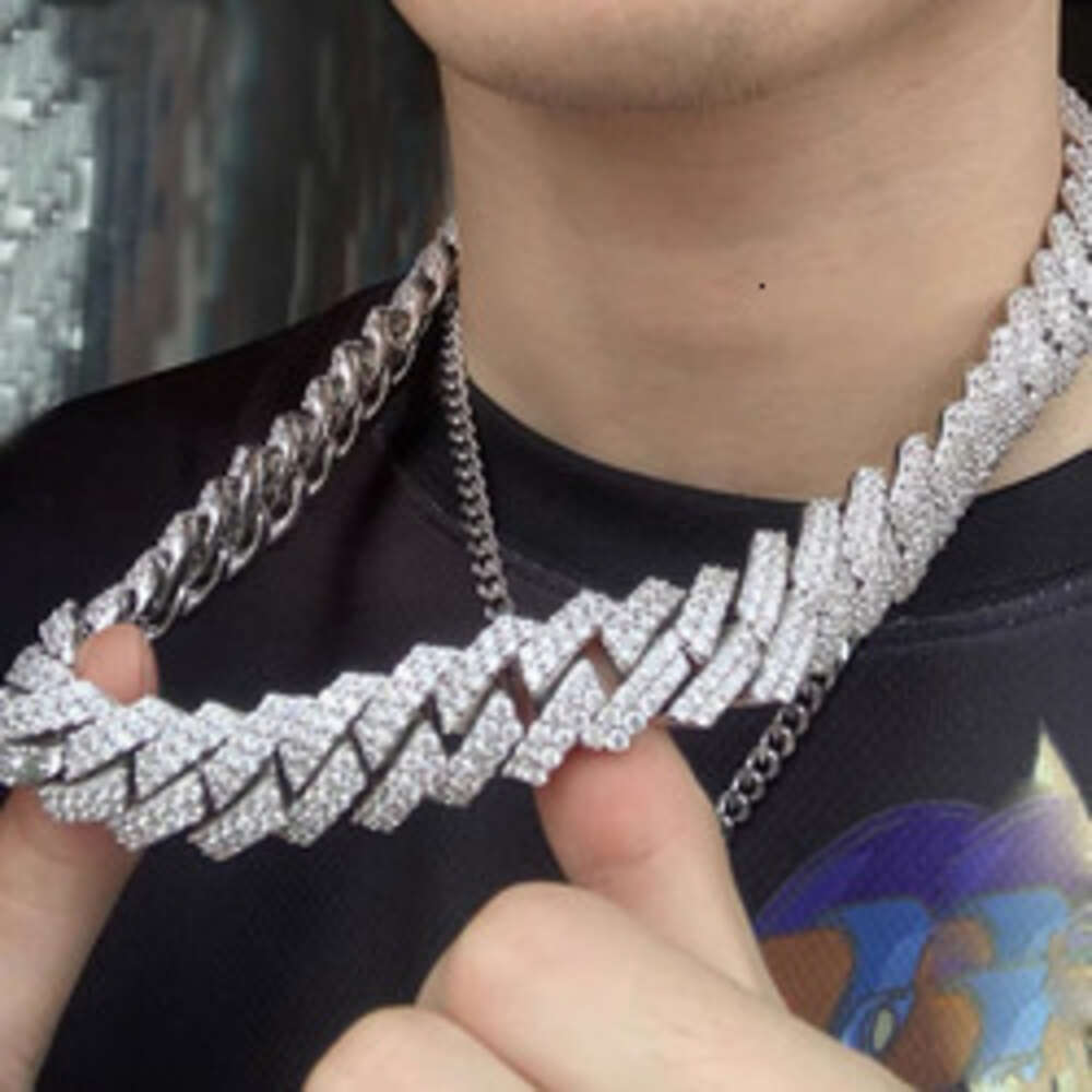 Large Size 19mm Wide 2 Rows Gra Moissanite Dia Sier Cuban Link Chain for Mens Hip Hop Necklace