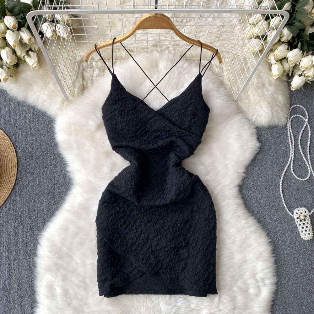 Summer French Temperament Fashion Open-Back V-Neck Suspender Dress Women Slim Irregular Light Cooked Split Buttock Skirt