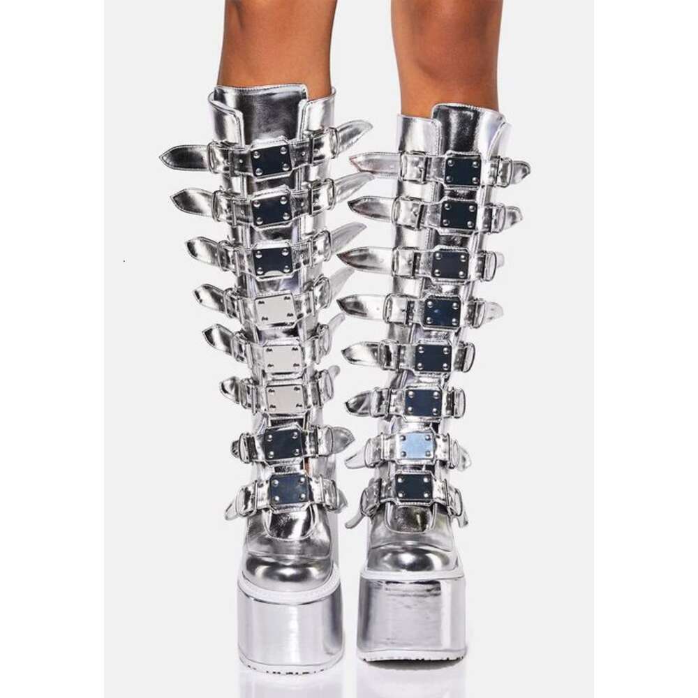 Design Sier Platform Wedges Knee Women Buckle High Heel Round Toe Cute Girl Boots Lady Shoes 2023