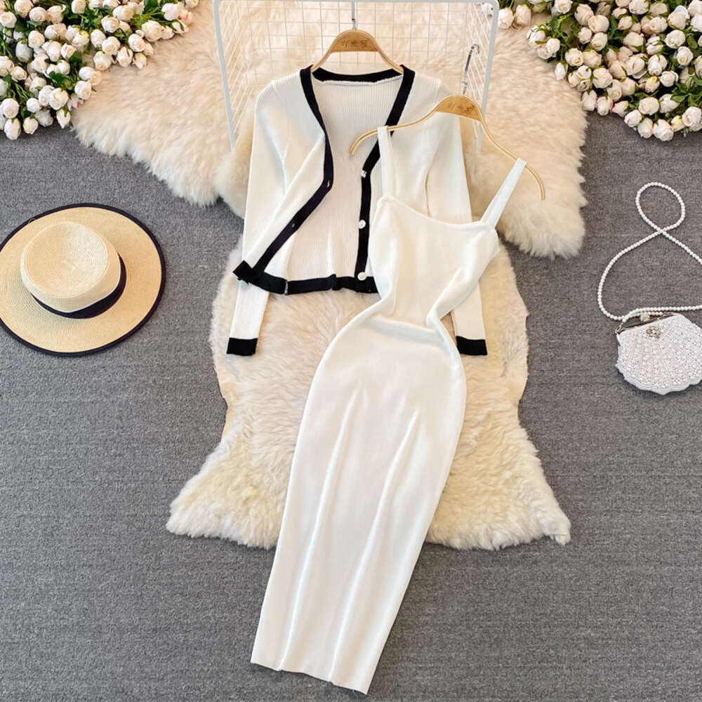 Fashion V-Neck long sleeve Knitted Top shawl cardigan two piece suit medium long tight elastic Hip Wrap Dress