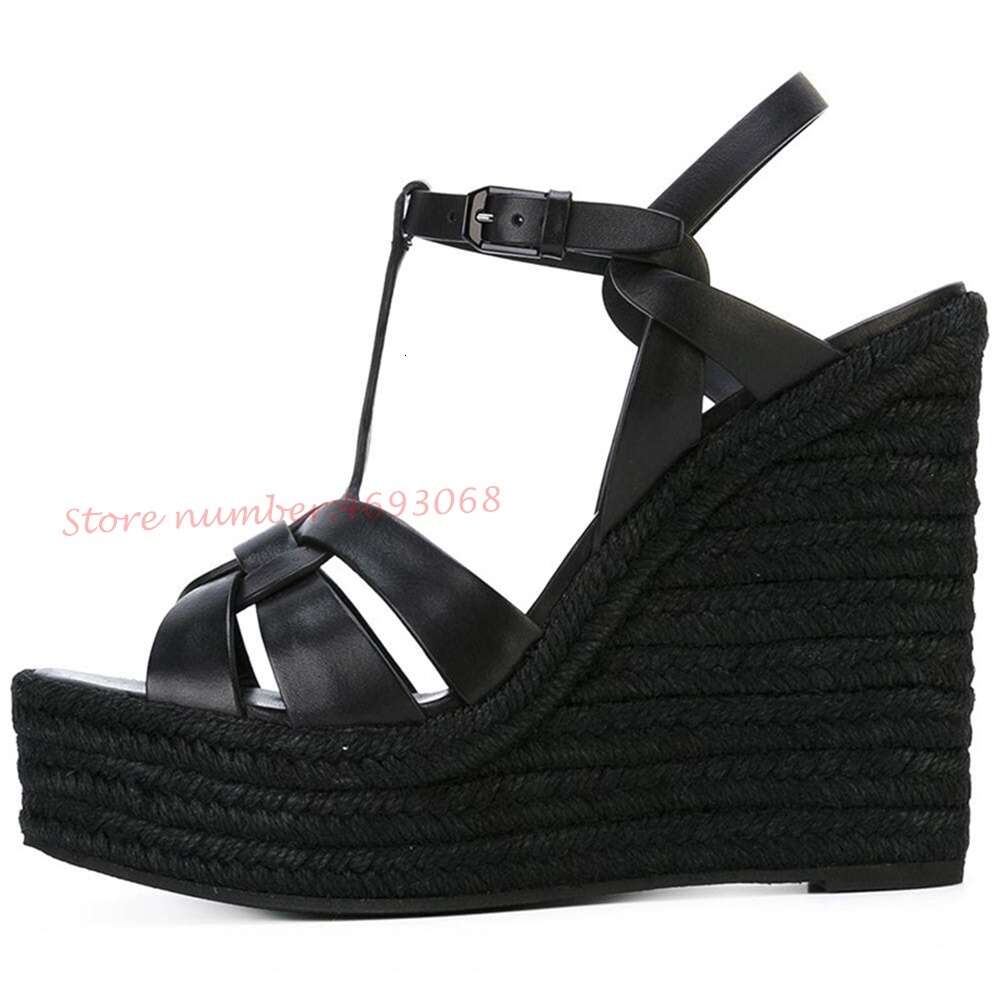 T-Strap Wedge Platform Women Braided High Heels Height Increasing Peep Toe Summer Leather Shoes Bukcle Strap Sandals