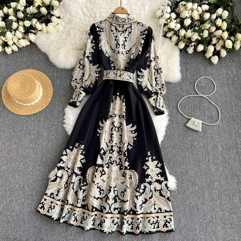 Spring new court style long sleeved floral polo dress French waist strap temperament slim skirt