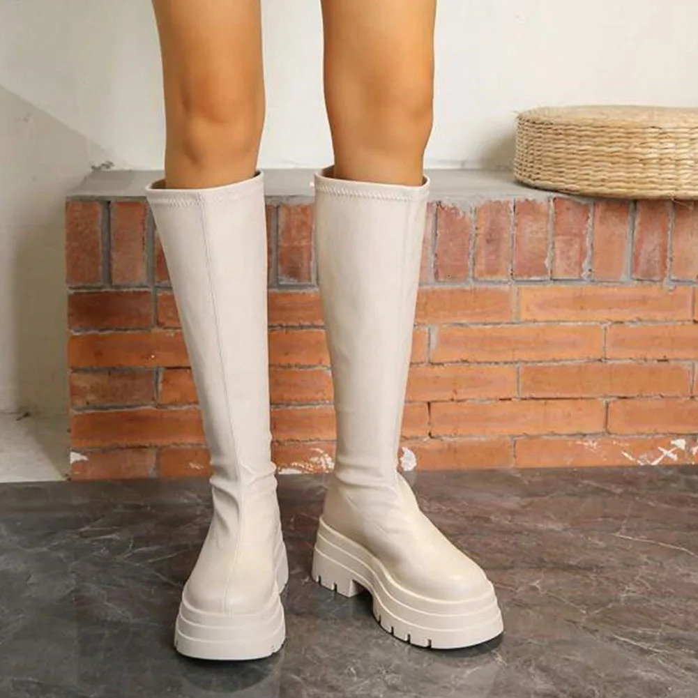 Chelsea Long Boots For Women Platform Thick Sole High Heels Womens Winter Motorcycle Knee High Boots Punk Elastic Ladies Shoes 240611