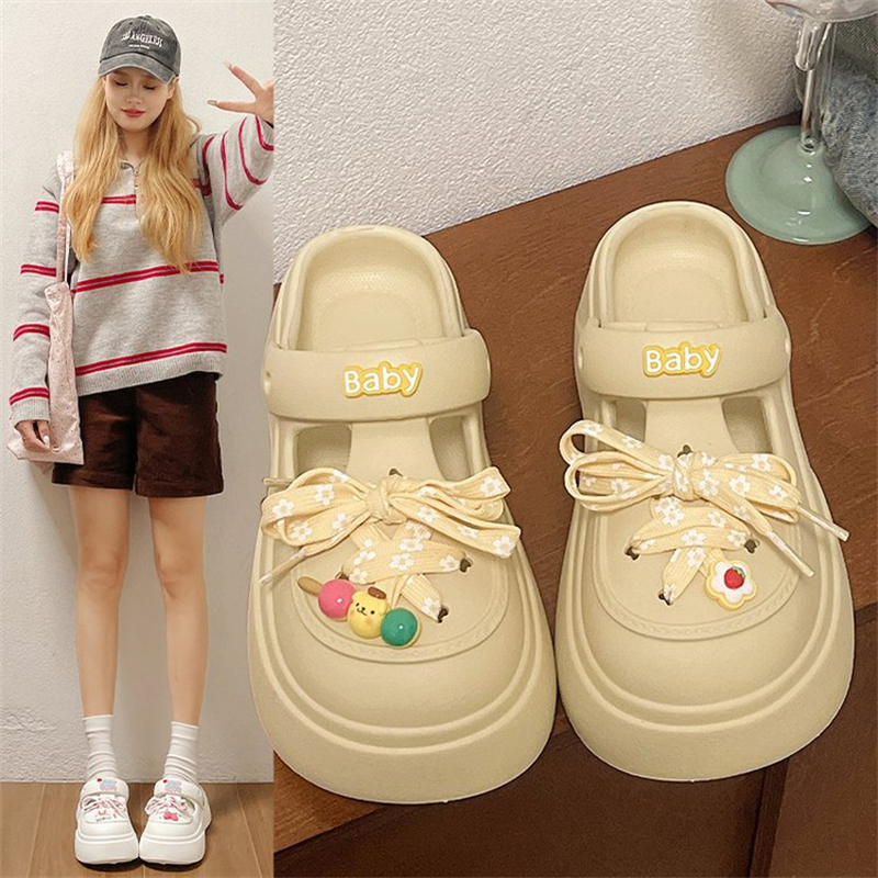 New slip Anti Summer 2024 Cartoon Tall Matsu Cake Baotou Beach Cool Slippers Wearing Thick Sole Hole Shoes for Women Free Shipping Lhshoe