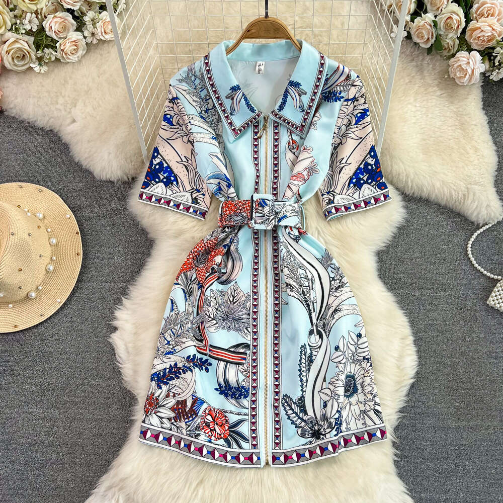 24ss Summer haute couture temperament short sleeved lapel with waistband for slimming positioning print A-line shirt dress