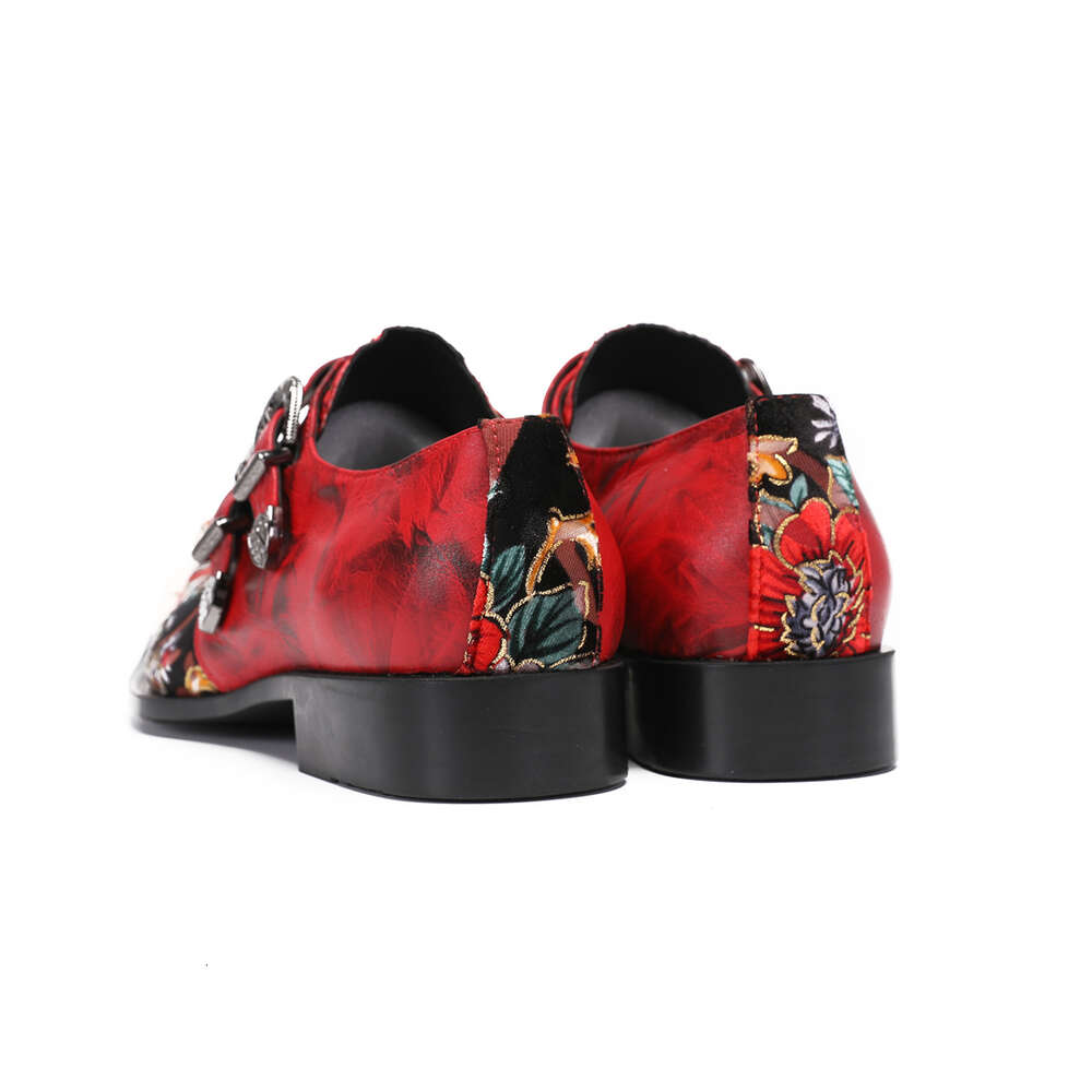 New Chinese Style Red Flower Men Oxfords Big Size Metal Pointed Toe Real Leather Male Wedding Celebrate Dress Shoes