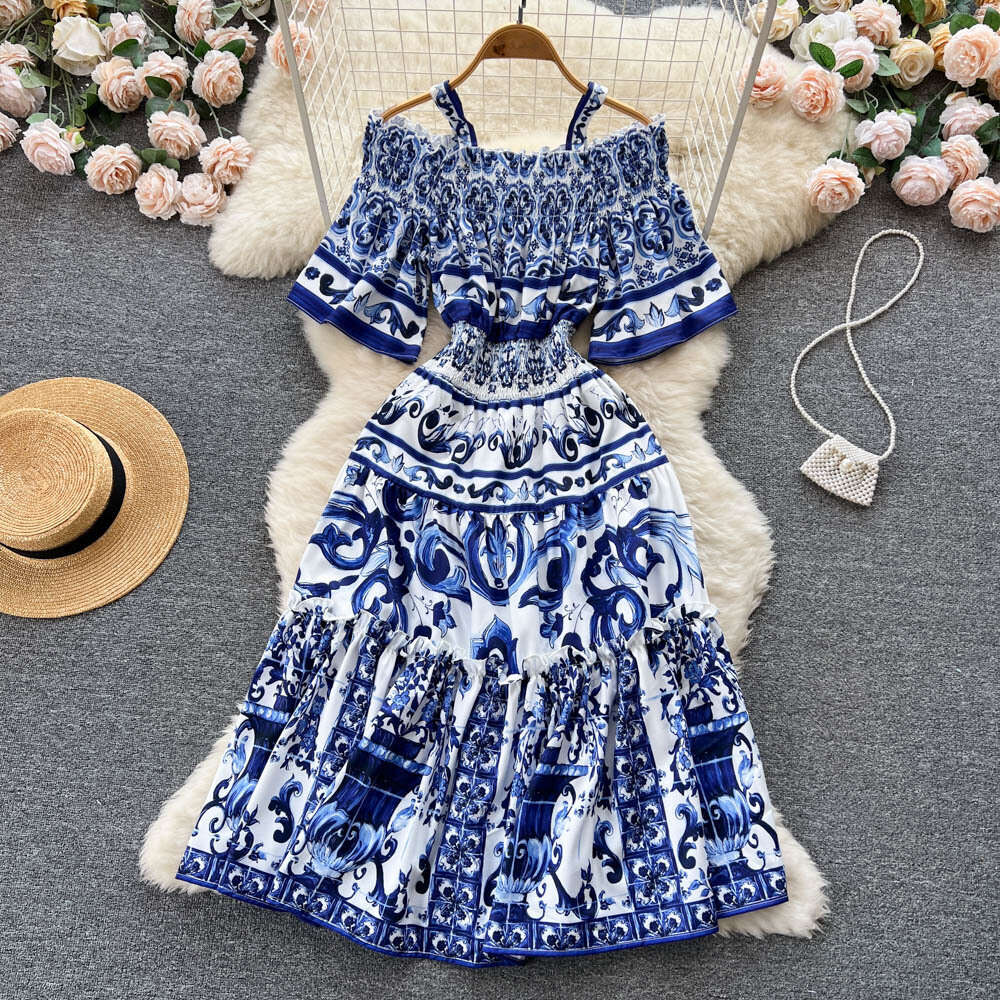 Summer New Style Off Shoulder Strap Long Dress for Women with Elastic Waist and Large Swing Printed Holiday Style Dress