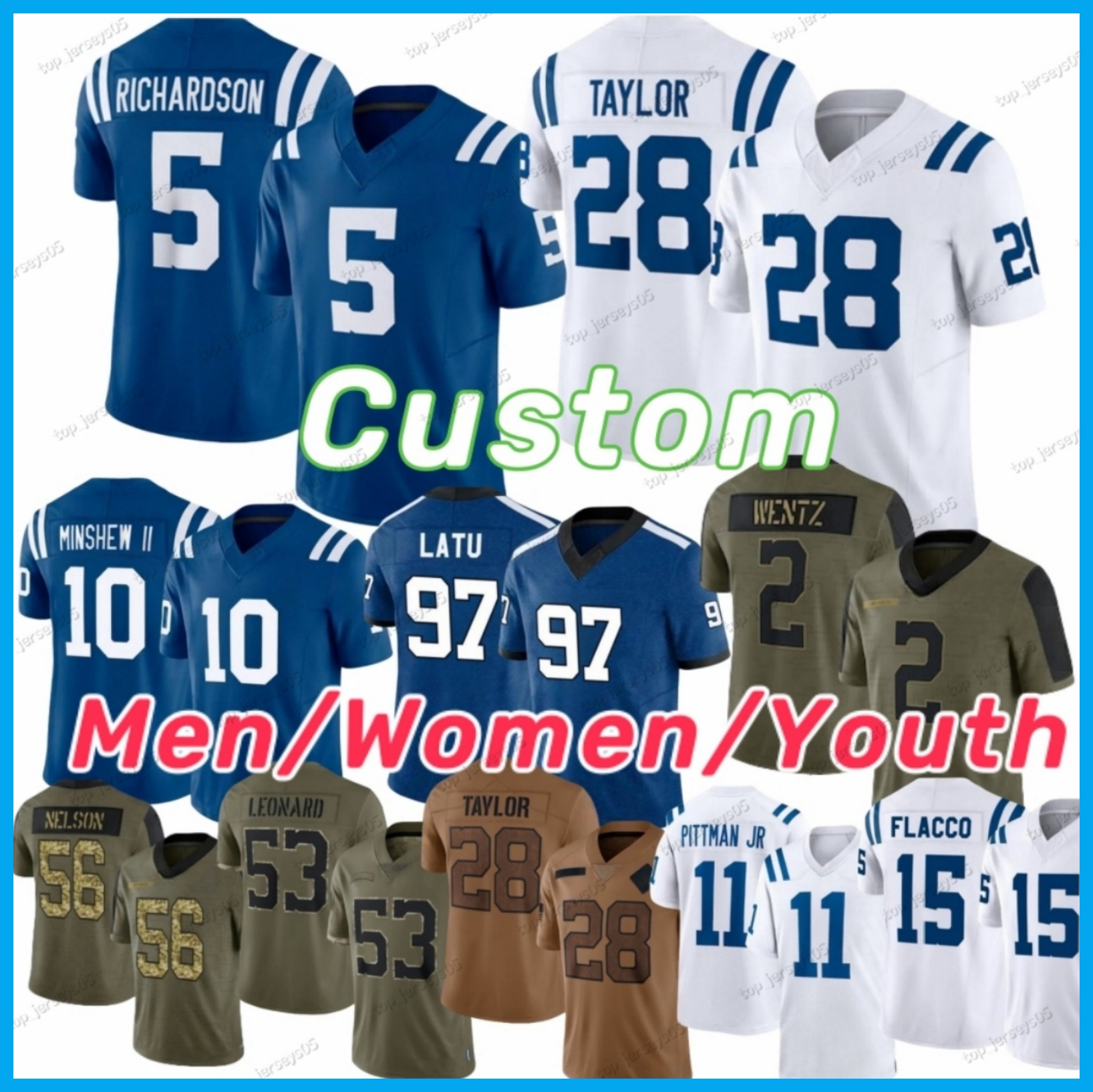 5 Anthony Richardson Football Jersey Adonai Mitchell Jonathan Taylor Joe Flacco Josh Downs Quenton Nelson Michael Pittman Jr DeForest Buckner Laiatu Latu Franklin