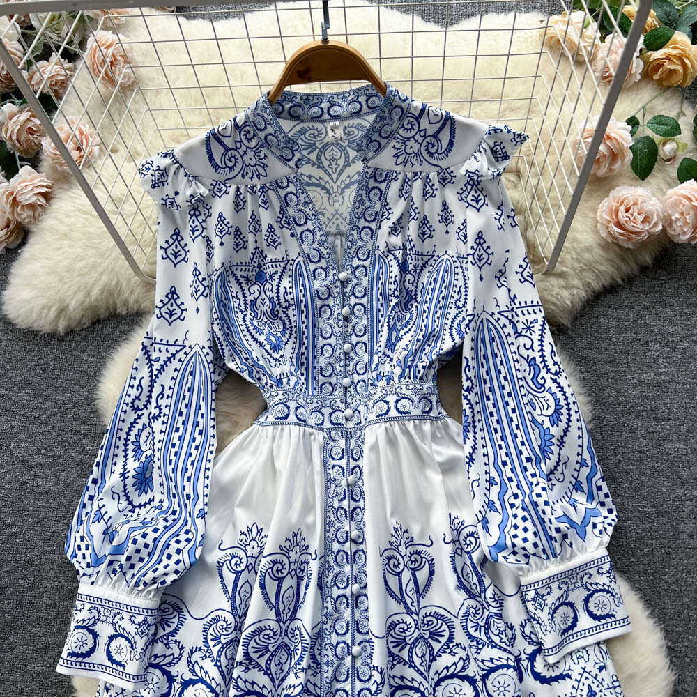 Spring New Instagram Elegant Style V-neck Single breasted Bubble Sleeves Wrapped Waist Dress Womens Big Swing Long Dress