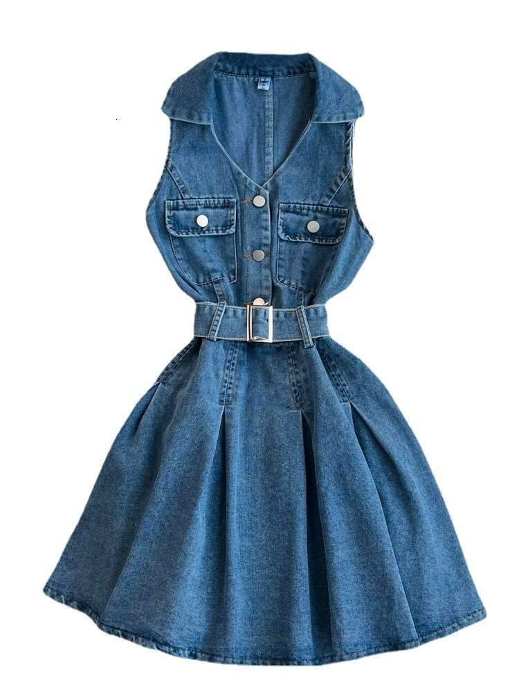 Summer French Style Sleeveless V-neck Hanging Neck and Waist Wrapping for Slim and Small Figure A-line Fluffy Denim Dress for Women