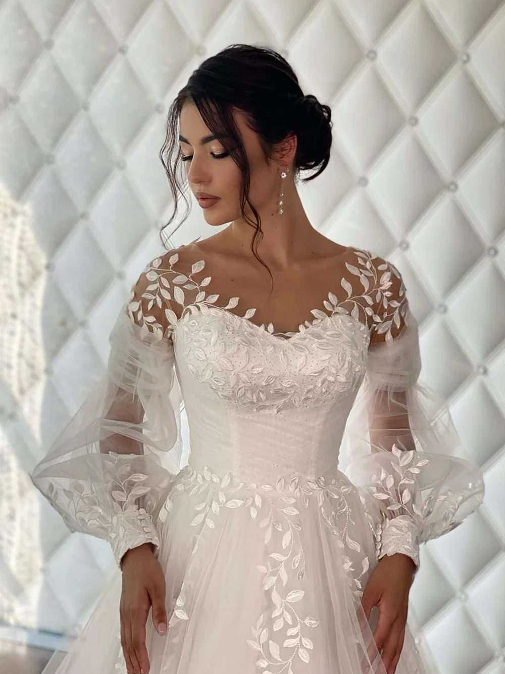 Modest Sleeves A E Wedding Dress Jewel Neck Classic Appliques Bride Formal Event Dresses Elegant Tulle Long Bridal Gown Boho Robe De Mariee Lace Up 02