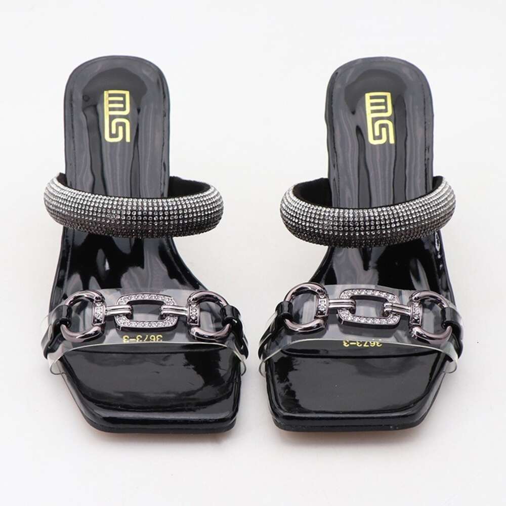 Summer Sier Gold Slides Women 8Cm High Mules Slippers Crystal Glitter Rhinestone Strange Block Square Heels Shoes
