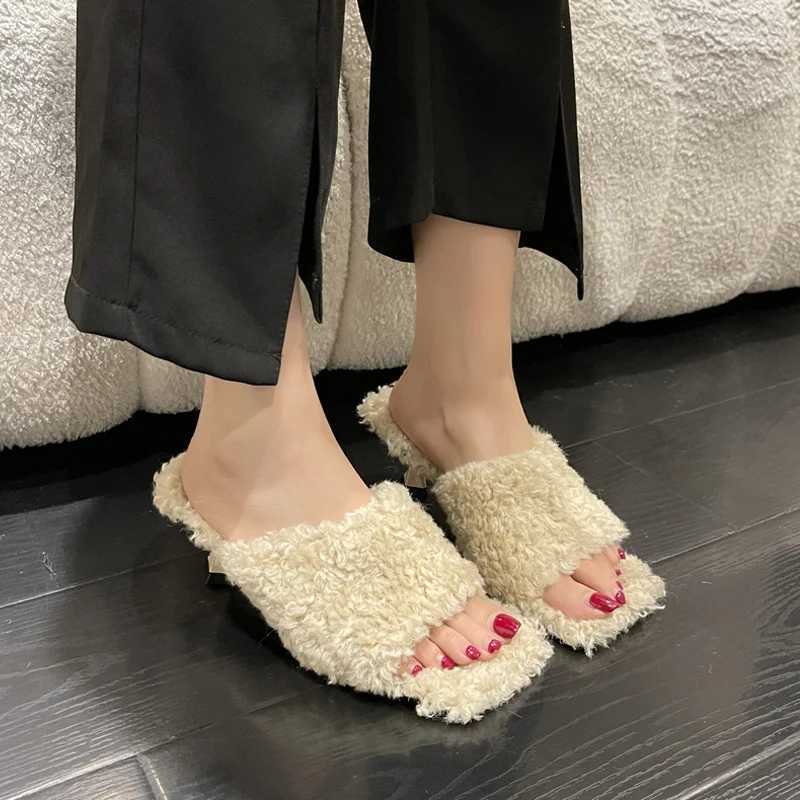 Shoes Fur Teddy Dress Rich Mule Slides Woman Elegant Kitten Heel Square Toe Plush Slippers Ladies Winter Party Stiletto Furry Pump ShoesL464