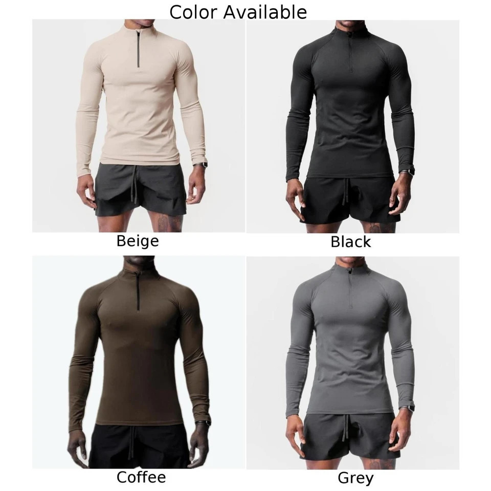 Tee Men T-Shirt Active Sports Tops Casual Gym Half High Collar Muscle Long Sleeve Polyester Quick Drying Slim Fit 240603