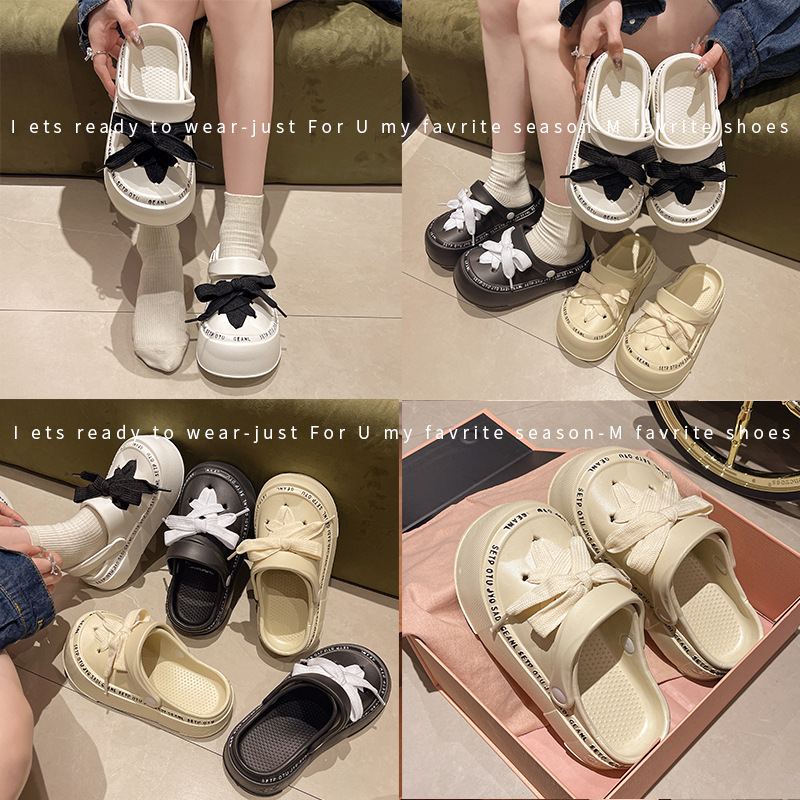 Outwear Summer Hole New Beach Shoes for Women Super Hot Versatile Anti slip and Shit Stepping Feeg Two Wearing Thick Bottom Tie up Slippers with Headb
