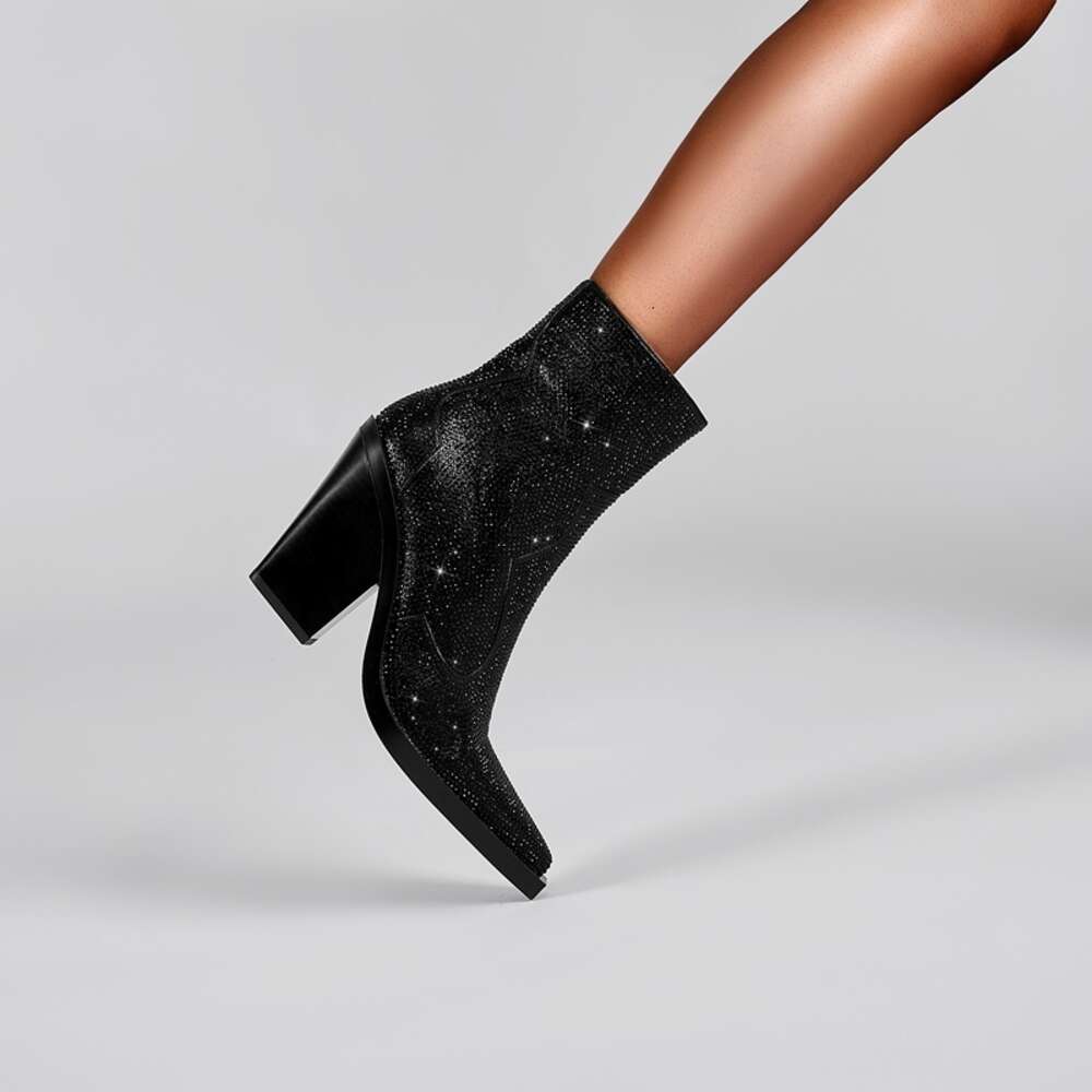 Kaky's New Pointed Rhinestone Thick High Heels Large Women's Short Western Boots