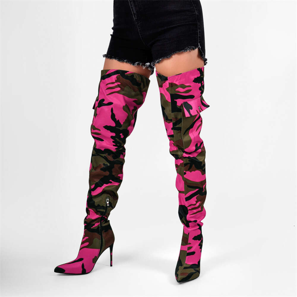 Onlymaker Womens Camouflage Over The Knee Thin Heel Pointy Colorful Print Mixed Colors Thigh High Boots