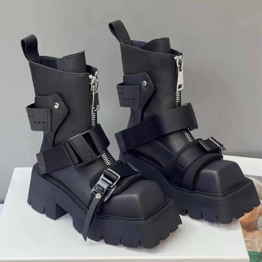 New Fashion Women Motorcycle Genuine Leather Thick Sole Zipper Belt Buckle Ankle Boots Street Modern Shoes