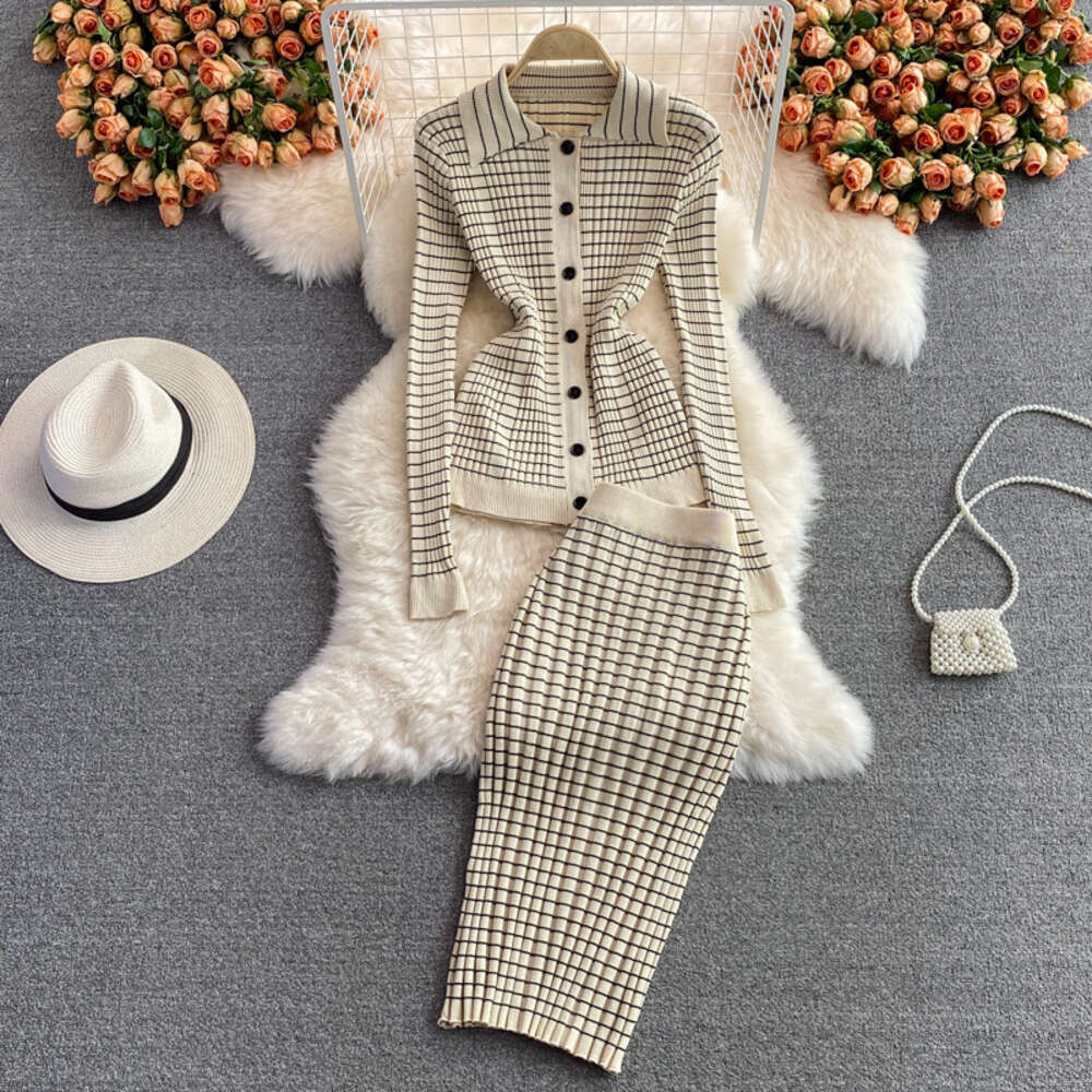 Fashion suit skirt slim knit Lapel top sleeveless vest three piece set high waist striped Hip Wrap Skirt women
