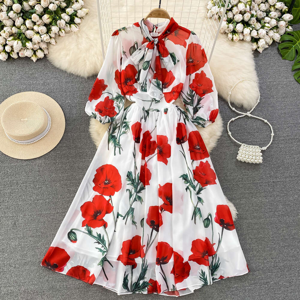 French Hepburn Bow Tie Up Waist Slim A-line Printed Chiffon Dress Elegant Large Swing Long Dress