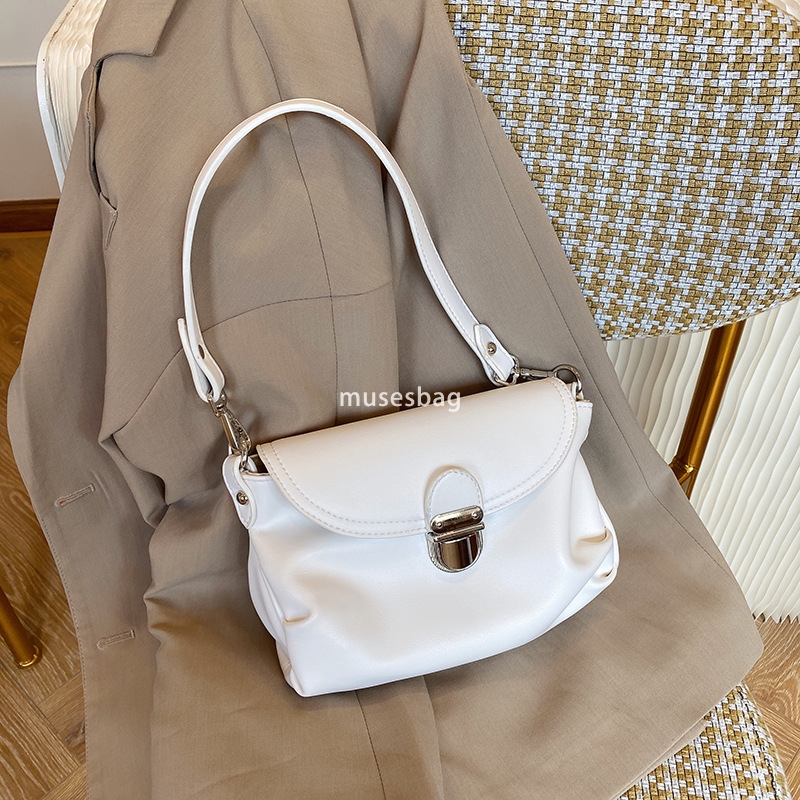 New women bag with niche French design, underarm bag with double shoulder straps retro large lock buckle soft leather single shoulder crossbody bag