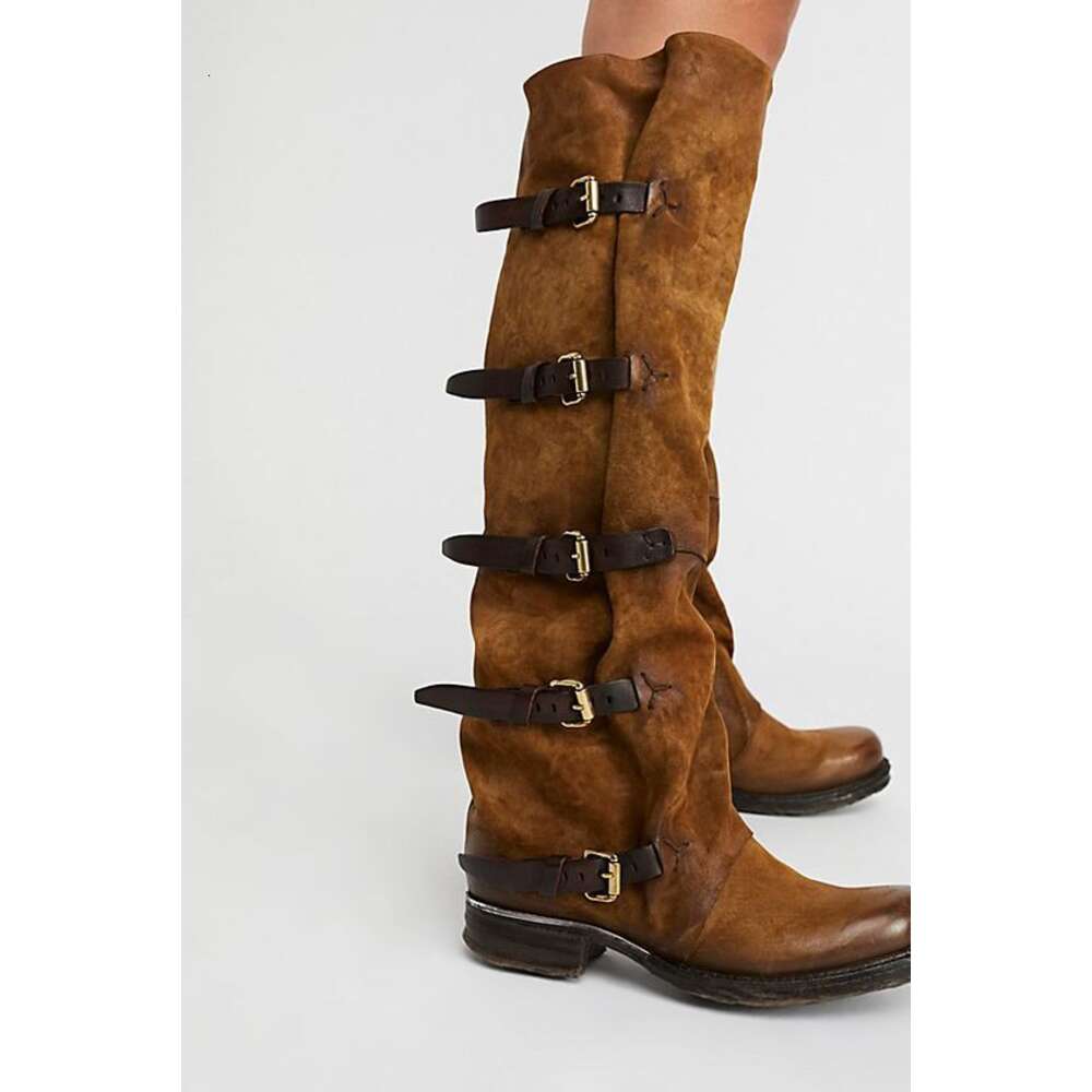 Fashion Gladiator Round Toe Buckle Flats Women Knee High Leather Zip Knight Boots Dress Fall Lady Shoes 2024