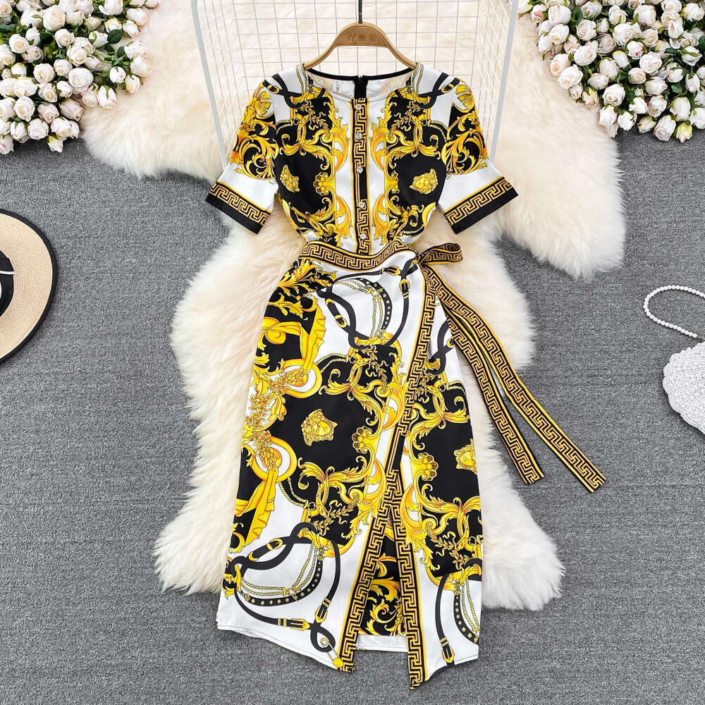 Summer high-end style round neck short sleeved printed color with waistband tie up for a slim and irregular A-line dress for women