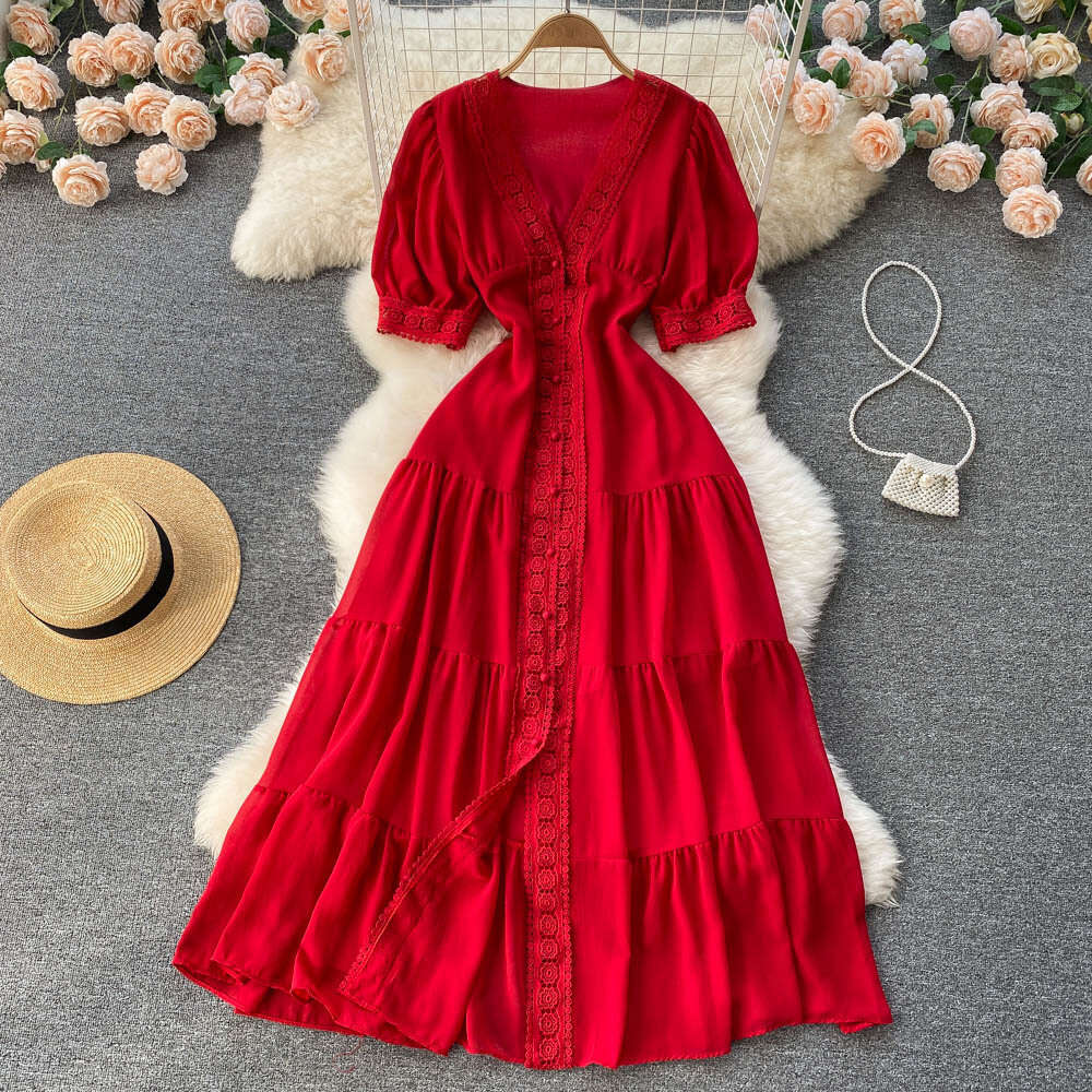 French Court Style Lace V-neck high-grade dress with closed waist short sleeves single breasted long skirt