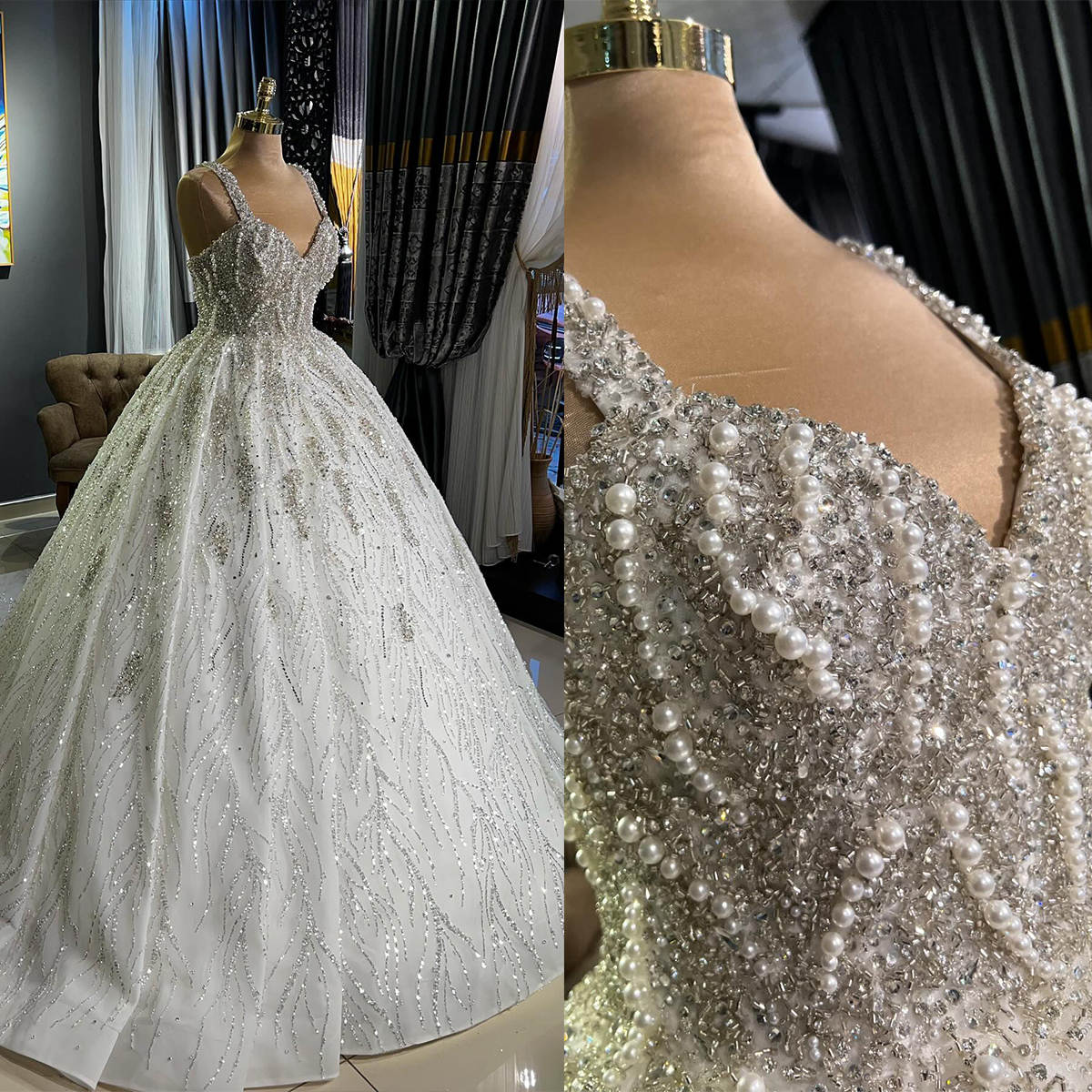 Luxury Ball Gown Wedding Dresses Beads Crystals Pearls Sequins Lace Sleeveless Backless Zipper Court Gown Custom Made Bridal Plus Size Vestidos De Nov