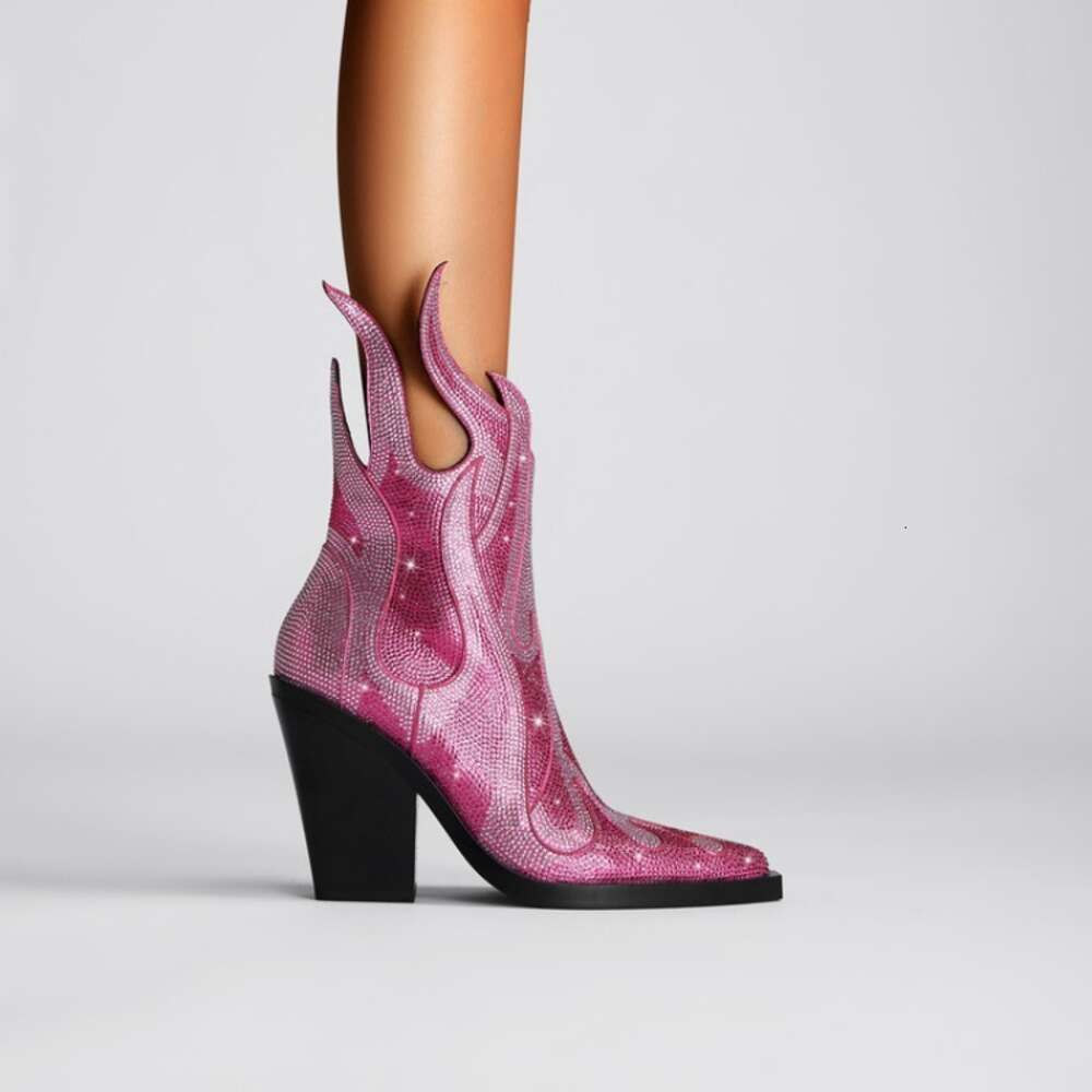 2023 European And American Fashion Rhinestone Flame Design Small Square Head Thick High Heel Short Women's Large Boots
