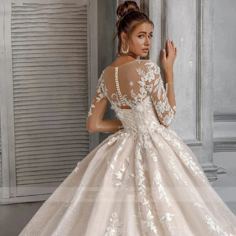 Ral Exquisite Wedding Dresses Appliques Lace Long Sleeves Bridal Ball Gowns Vestidos De Noite Custom Made For Women Bc