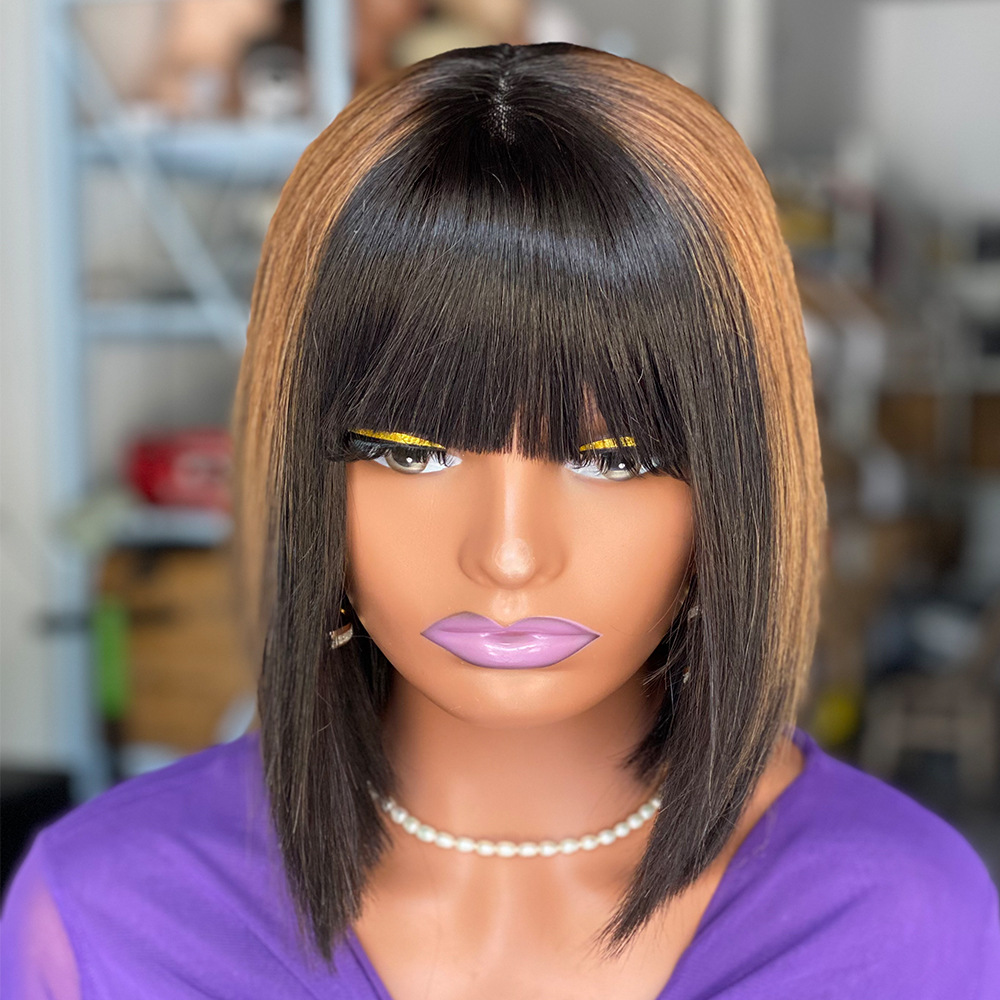 Bob Human Hair Wigs 150 Density Ombre Brown 10 Inch 2x4 Swiss Lace Front Wig Without Glue Women Qi bangs Wigs European and American Hairstyles